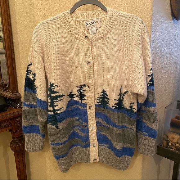 NANDO Women Hand Knit 100% Extra Fine Alpaca Trees Cardigan Sweater Size Small - Picture 1 of 7